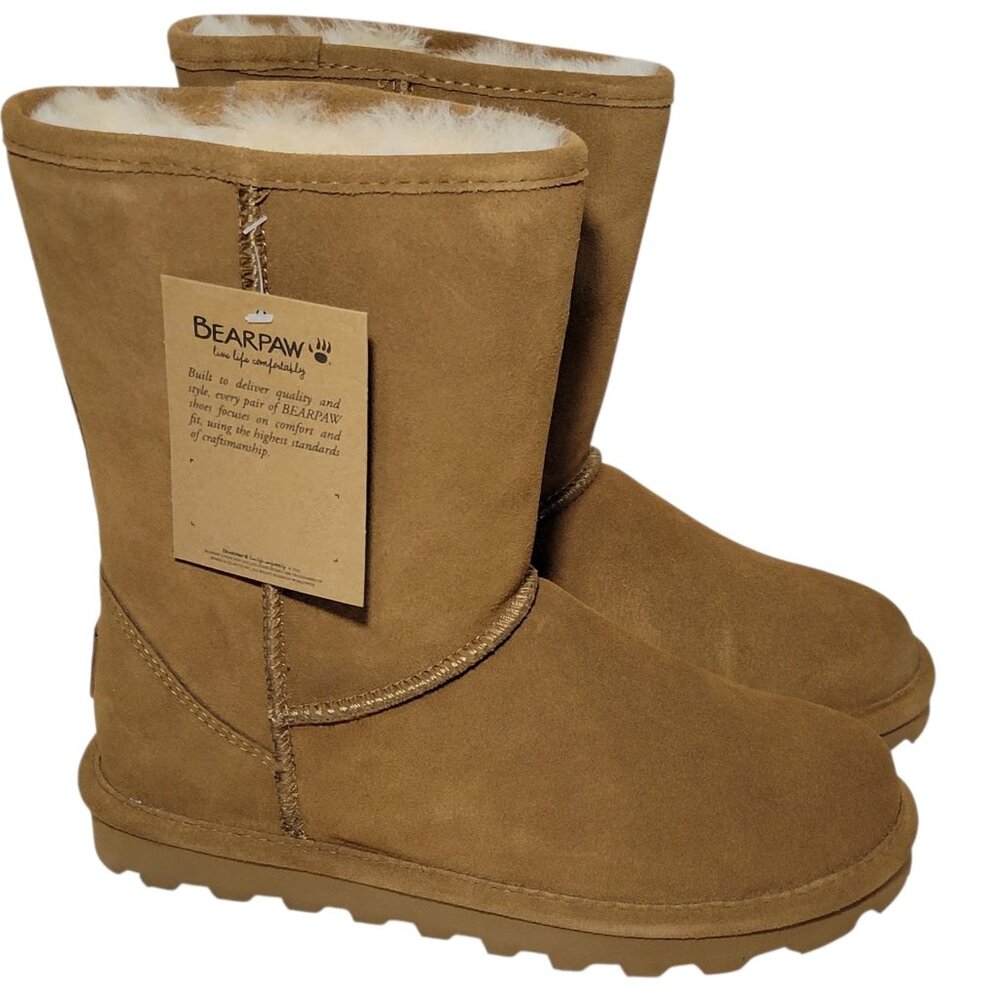 BEARPAW Winter Boots Women Sz 8 Elle Short Faux Fur Hickory Brown Rain Repellent